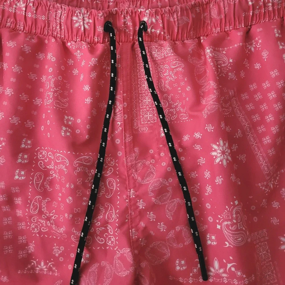 Distortion Mens XL Swim Trunks Shorts Pink Bandana Print‎ Elastic Waist Country